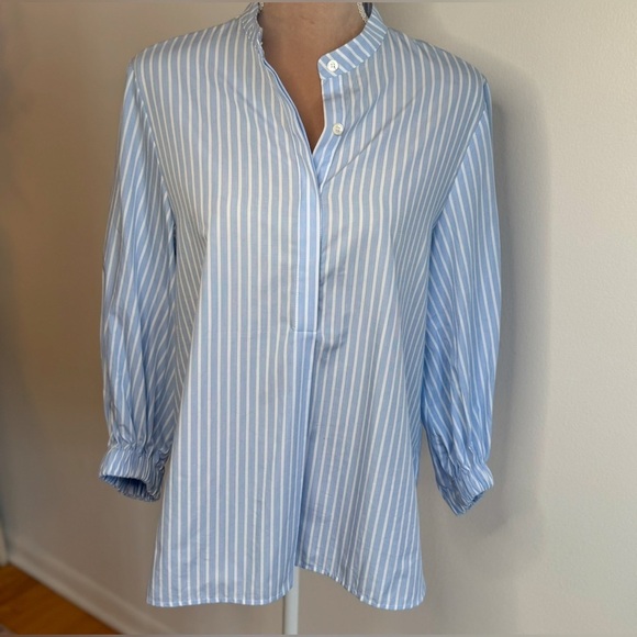 GERARD DAREL Cotton Calicia Striped Button Up Blue Blouse Preppy Old Money Sz M - Picture 4 of 8